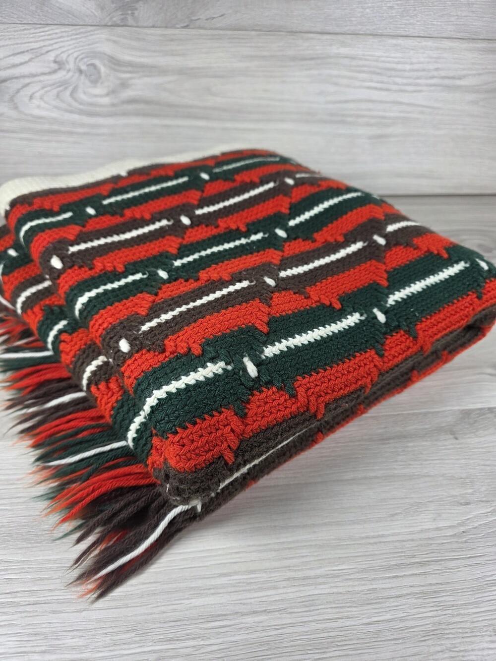 Crocheted Blanket Afghan in Orange, Green, Brown & White Geometric Striped SU41
